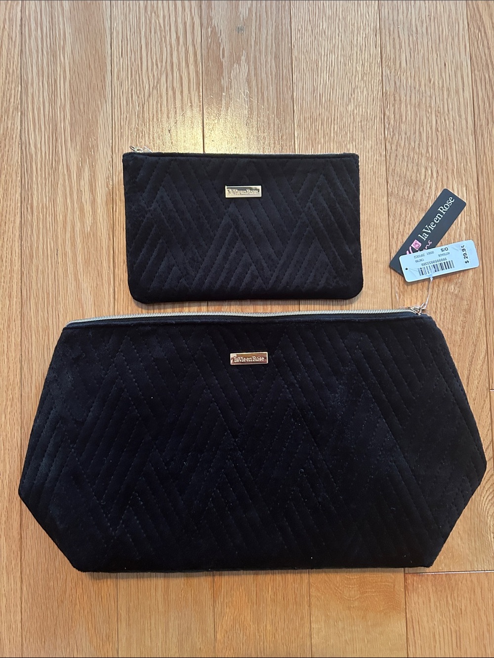 La Vie En Rose Black Quilted Velvety Feel Cosmetic Bag Set